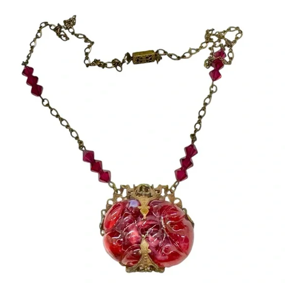 Vintage Art Deco Czech(?) Red Art Glass & Crystal Brass Necklace - Picture 1 of 12